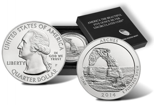 2014-P Uncirculated Arches National Park Five Ounce Silver Coin